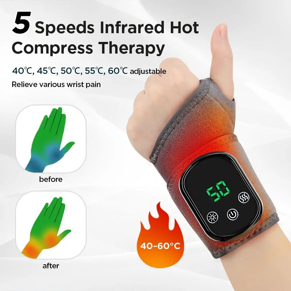 5 Levels Hot Compress Electric Wrist Massager Infrared Hot Compress 3 Levels Vibration Heating Wristband Rechargeable Heating