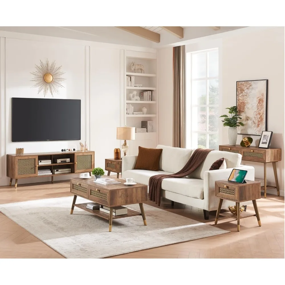 Mid Century Modern Coffee Table with Storage Drawers & Open Shelf, Solid Wooden Boho Rectangle Table with Metal Legs Designed fo