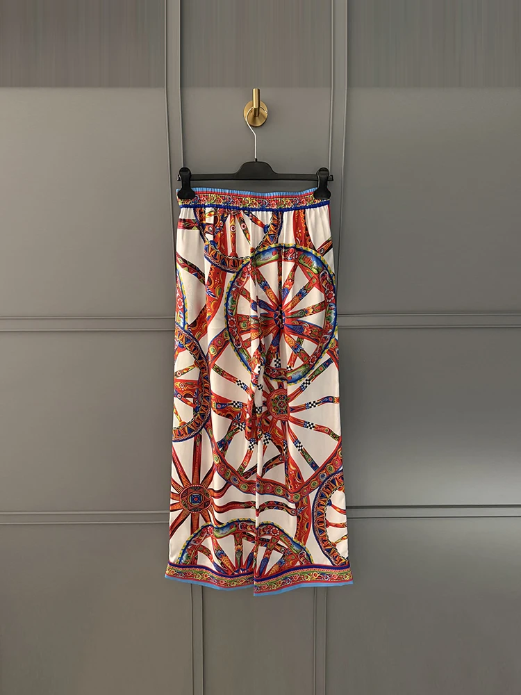 Spring Summer Fashion Daily Casual Vintage Pattern Print Silk Wide Leg Pants Women's Elastic Waist Pocket Loose Trousers
