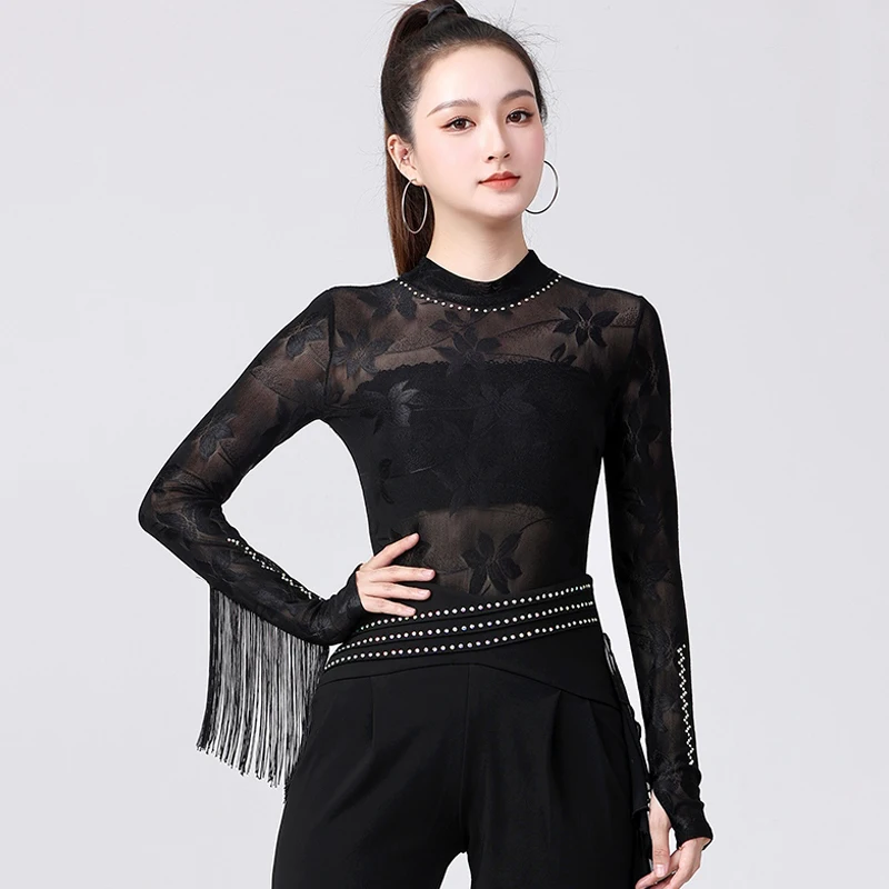 

Latin Dance Leotard Women Long Sleeve Tops With Tassel Cha Cha Rumba Dance Costume Black Red Practice Clothes Latin Top AMY1357