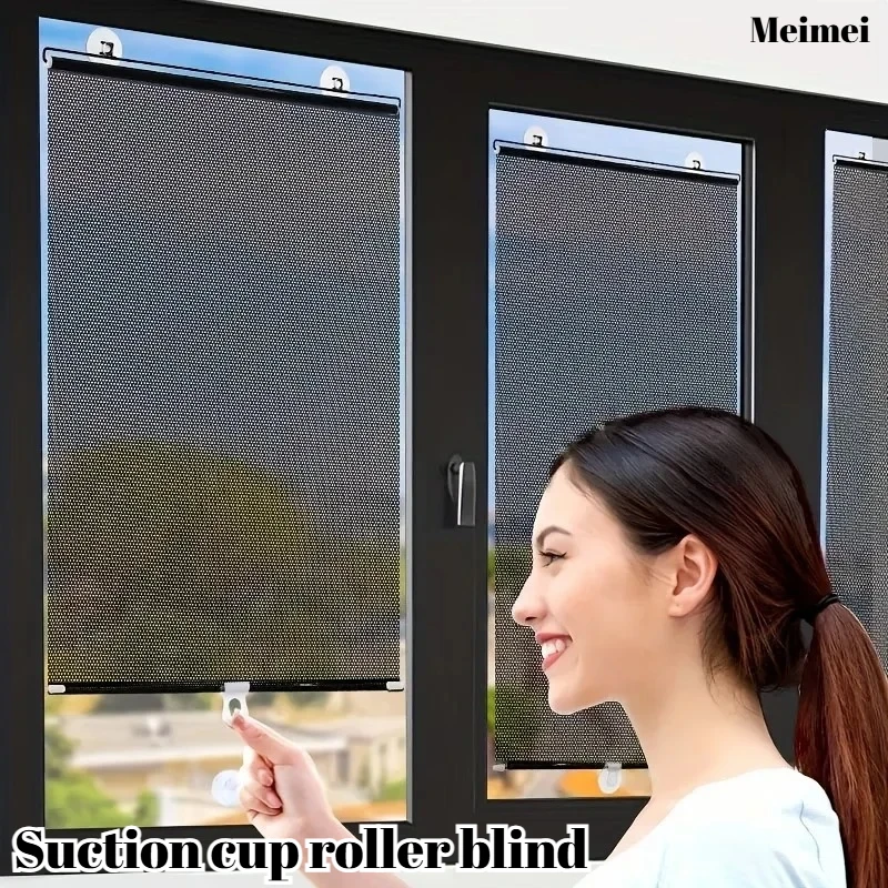 Universal Suction Cup Roller Sunshade Blackout Mesh Window Blind for Balcony Bedroom Kitchen Anti-Glare Privacy Sun Shade