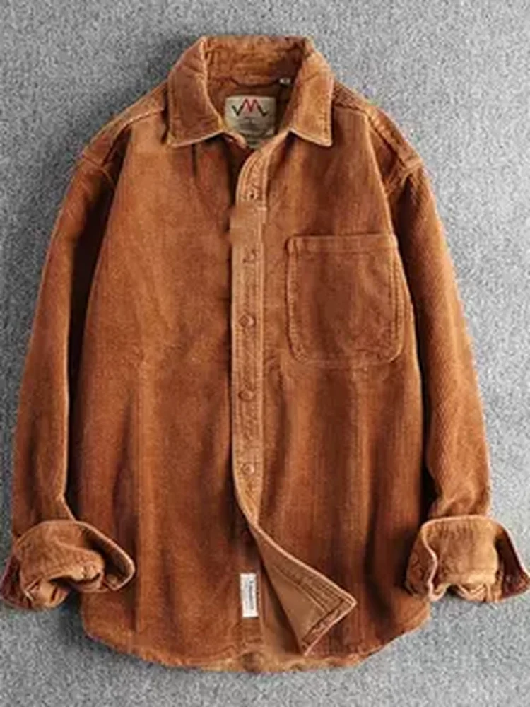 American Retro Corduroy Long Sleeve Shirt Men's Collar Single Pocket Workwear Style Trendy Jacket Outerwear New Model