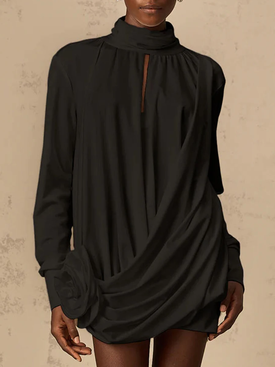 TWOTWINSTYLE Luźne sukienki mini z kwiatami 3D dla kobiet, z wysokim dekoltem, długimi rękawami, ażurowe, patchworkowe, z zakładkami.