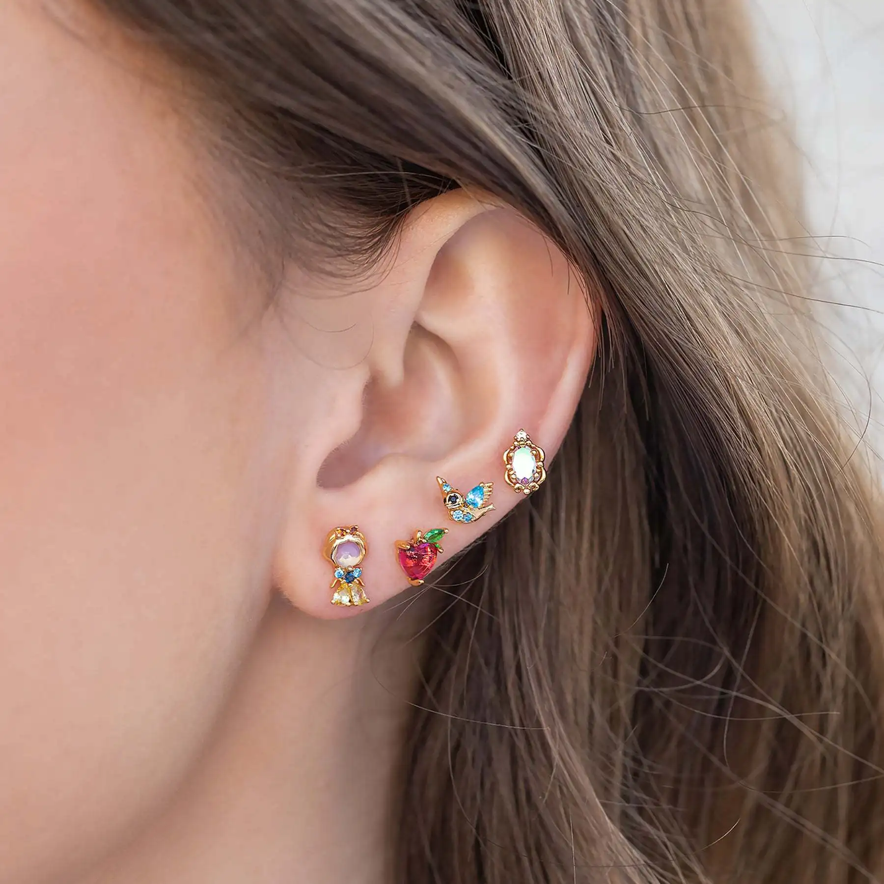 New ins Cute Cartoon Princess Earrings Set For Women Girl Fashion Vintage Colorful Zircon Stud Earring Wholesale Jewelry Gift view 3