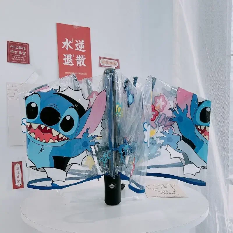 Disney Stitch Cartoon Animation Student Men and Women Portable Fully Automatic Transparent Internet Celebrity Folding Umbrella