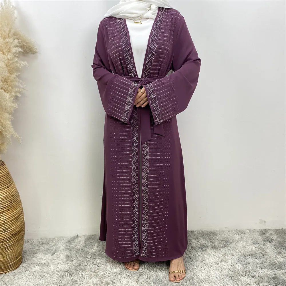 Hot Selling Ramadan Rhinestone Cardigan Islamic Dresses With Pockets Kebaya Muslim Kimono Abaya Dubai Modest Clothing Women Eid