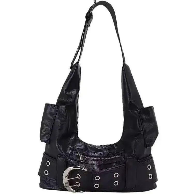 Bloom High Street Black Shoulder Purse Women Sweet Cool Hot Girls Leather Y2k Handbag Female Retro Casual Crossbody Bags