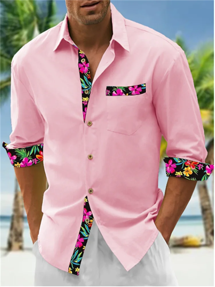 2024 Men\'s Shirt Button Up Pink Long Sleeve Top Daily Resort Wear Fashionable Casual Comfortable Elegant Plus Size Shirt XS-6XL