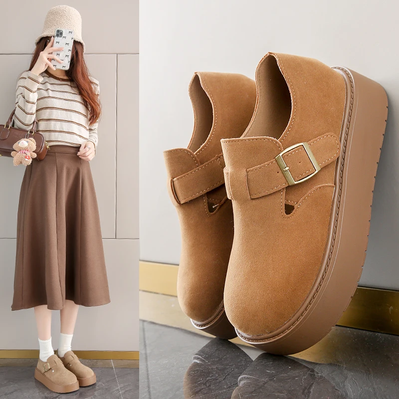 

Женские лоферы на высоком каблуке на платформе, новинка 2023 года, осенняя универсальная уличная повседневная обувь с круглым носком и пряжкой на ремне в стиле ретро