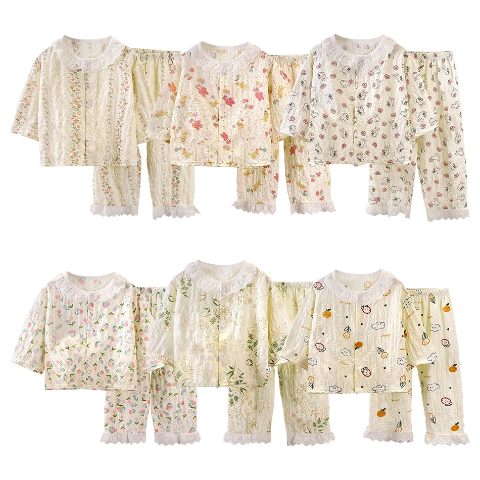 

2 Pcs Summer Baby Girl Loungewear Korean Pajama Air Conditioning Suit Set Long Sleeve Home Clothes Spring Girls Sleepwear Sets