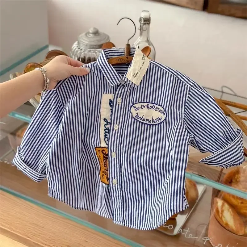 Children's Shirt Spring and Autumn New Boys and Girls Korean Edition Pure Cotton Stripe Long Sleeve Top Baby Polo Neck Shir