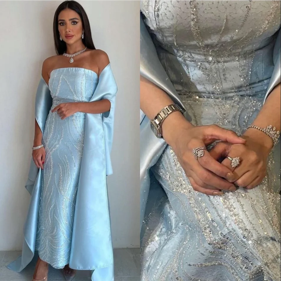 

Florettarobe Luxury Evening Dress Satin Sheath/Column Celebrity Dress Strapless Beads Cloak Prom Dress Customized