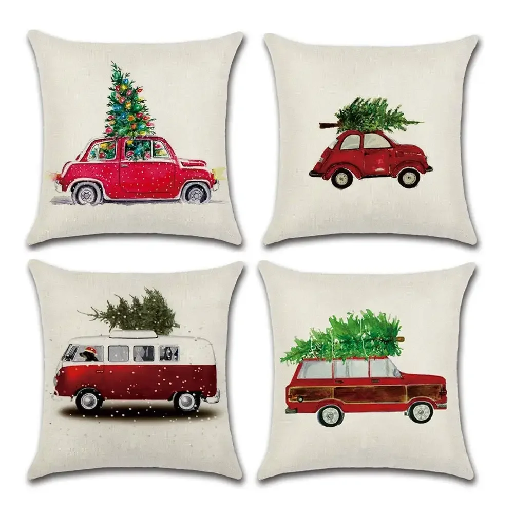 Christmas tree on the red car bus linen pillowcase sofa cushion cover home decoration can be customized for you 40x40 50x50