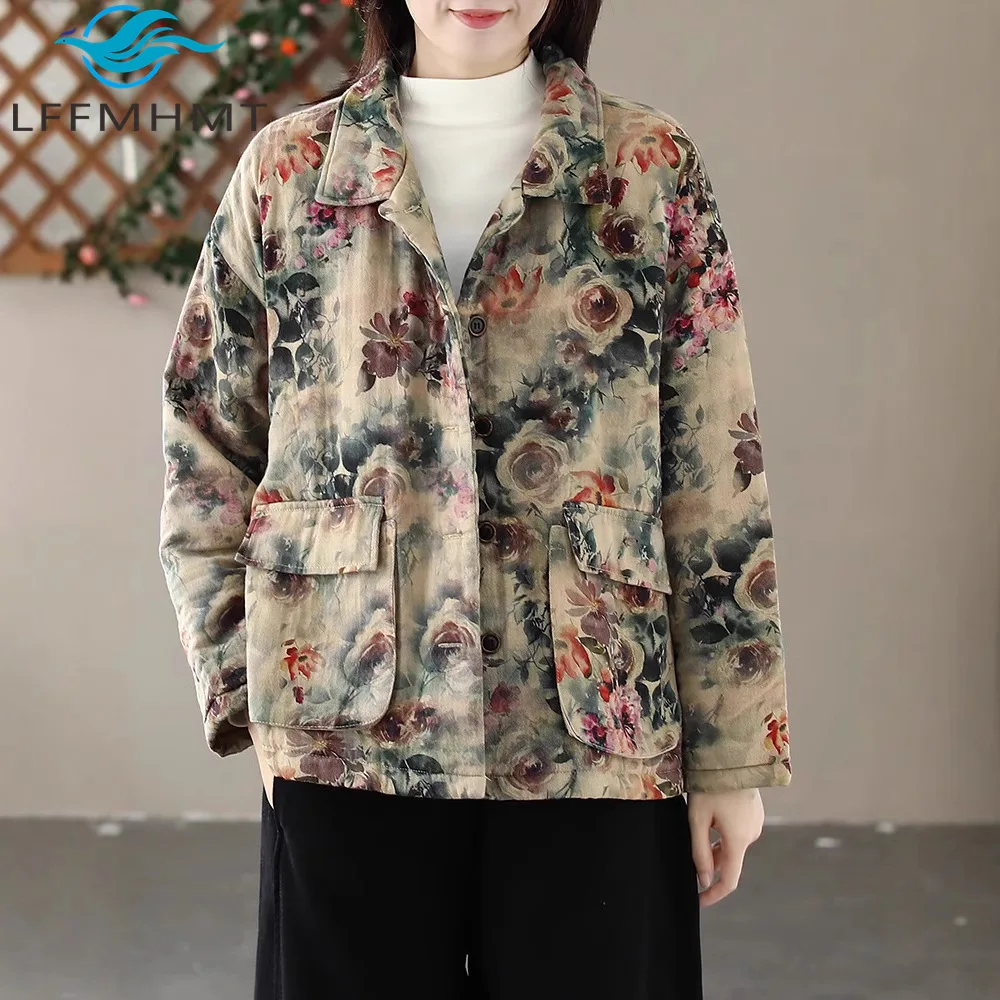 Autumn Winter New Arrival Retro Printed Cotton Padded Jacket for Women Fashion Loose Fit Thick Warm Cotton Parkas Female