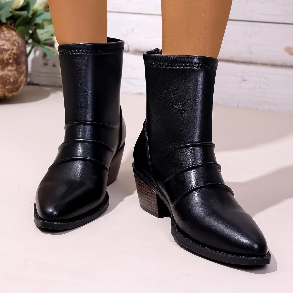 

Women's Short Boots Fashionable Leather Pleated Design Autumn and Winter Black Pointed Toe High Heel Platform Boots for Women