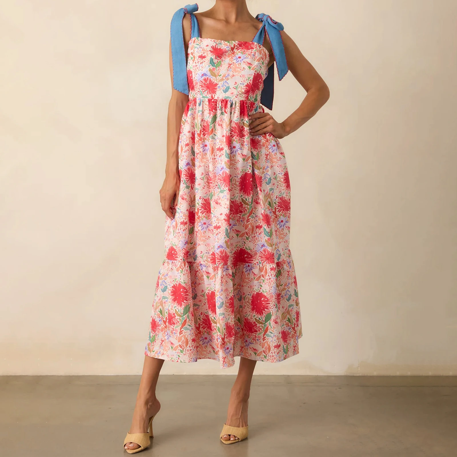 Feiertags-Damenkleid mit Spaghettiträgern und Blumenmuster, stilvolles, ärmelloses, schulterfreies, langes A-Linien-Kleid für Frühling und Sommer