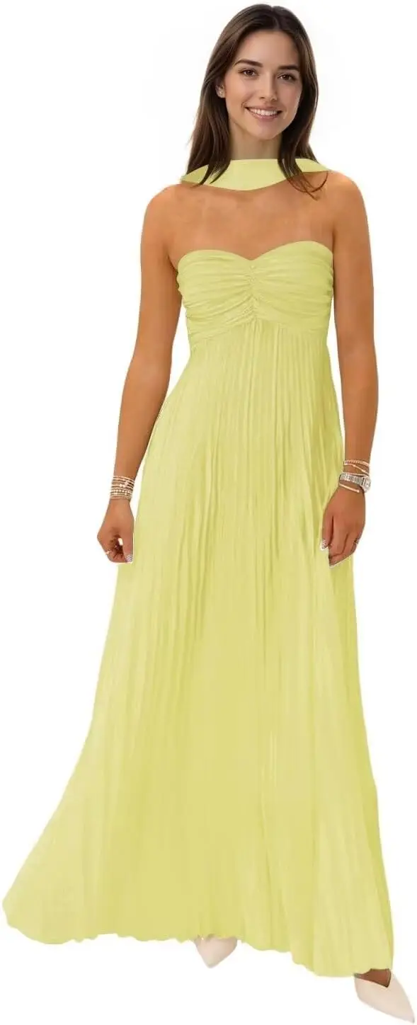 

Chiffon Long Bridesmaid Dress, Strapless with Neck Hanging Pleated A-line Long Ball Dress, Cocktail Elegant Formal Evening Dress