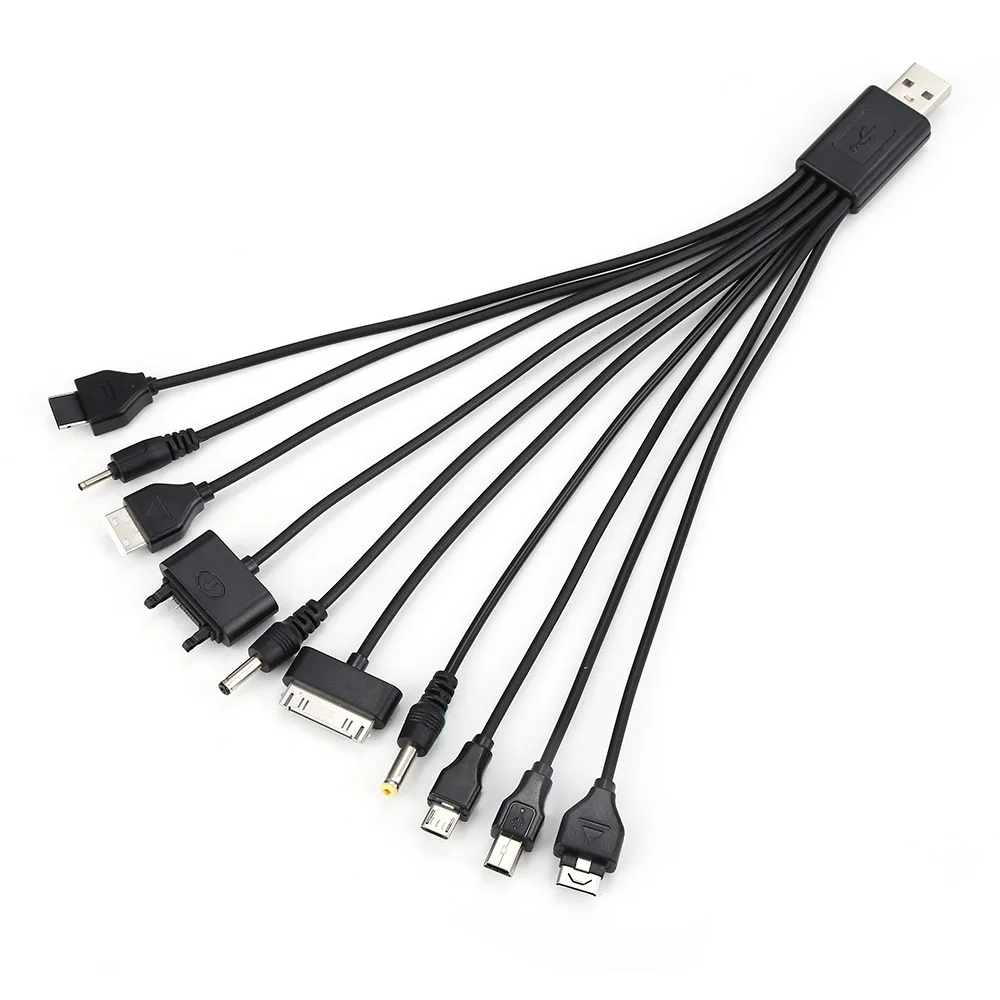 New Useful Black 10 In 1 USB 2.0 Version Multi Portable Charger Mobile Phone Cable Universal A Male To Multi Plug Charger Cable