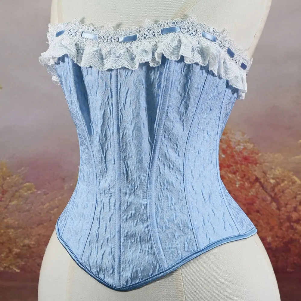 Jacquard Lace Corset Top Ruffled Frill Strapless Bustier Fishbone Waist Trainer Shaper Vintage Lace‑Up Back Corsage For Women