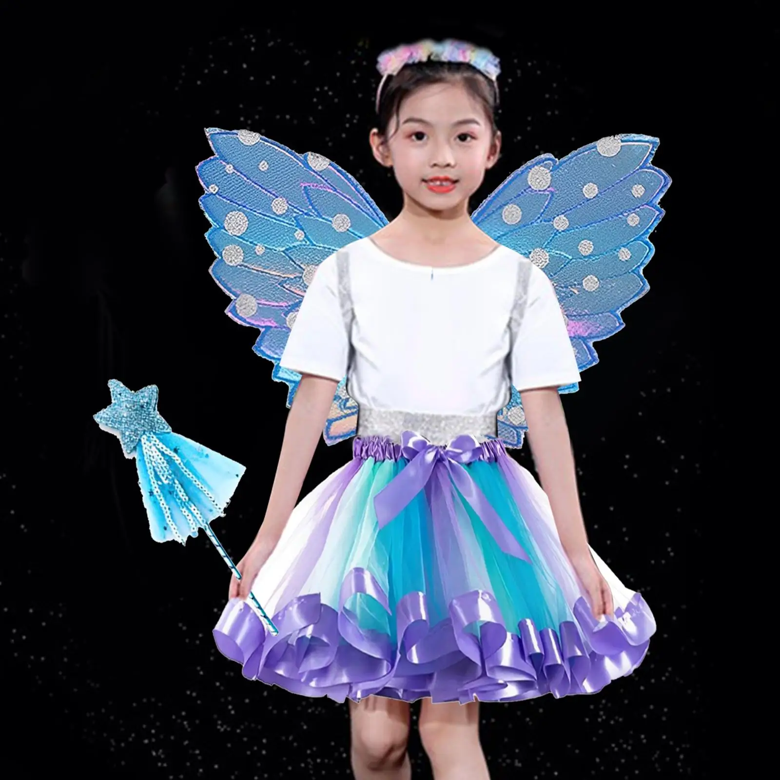

Girls Fairy Wing Butterfly Costume Polyester Angel Wand Tutu Skirt Role Play Dress Up for Halloween Festival