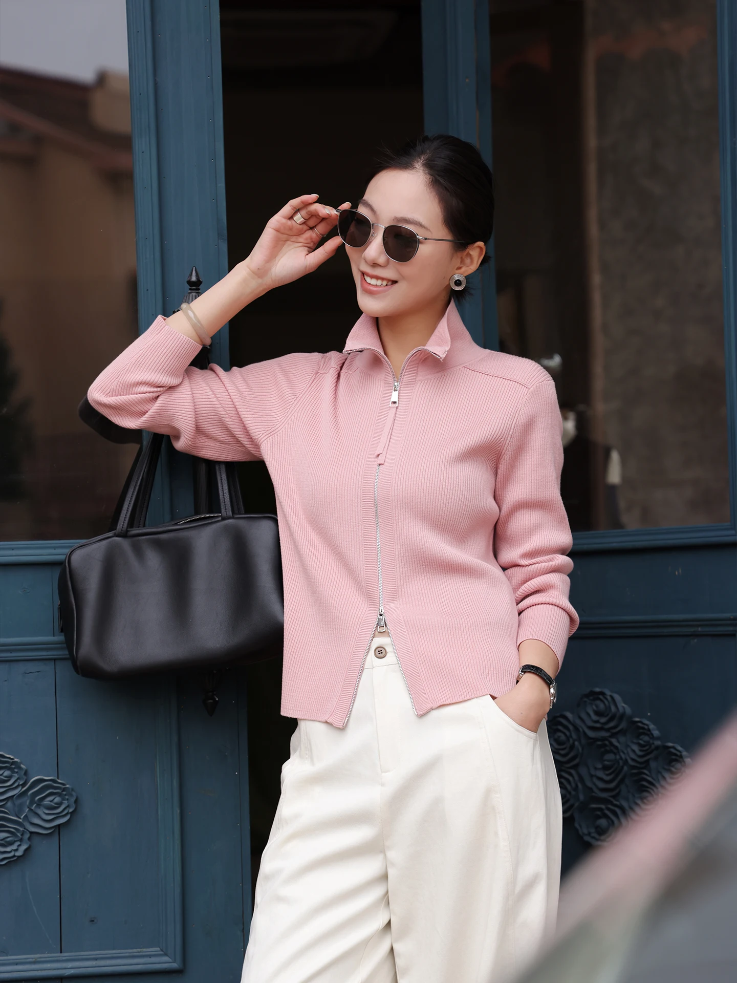 

Pink Knitted Slim Fit Cardigan Double Zipper Women's Faion Outerwear Casual Sle Spring New Arrival Versatile Ele Coat