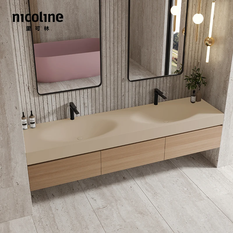 Customized Likelin Pure Acrylic Milk Coffee Color Matte Undercounter Integrated Wash Basin Wall-Mounted Face Washing Washstand C