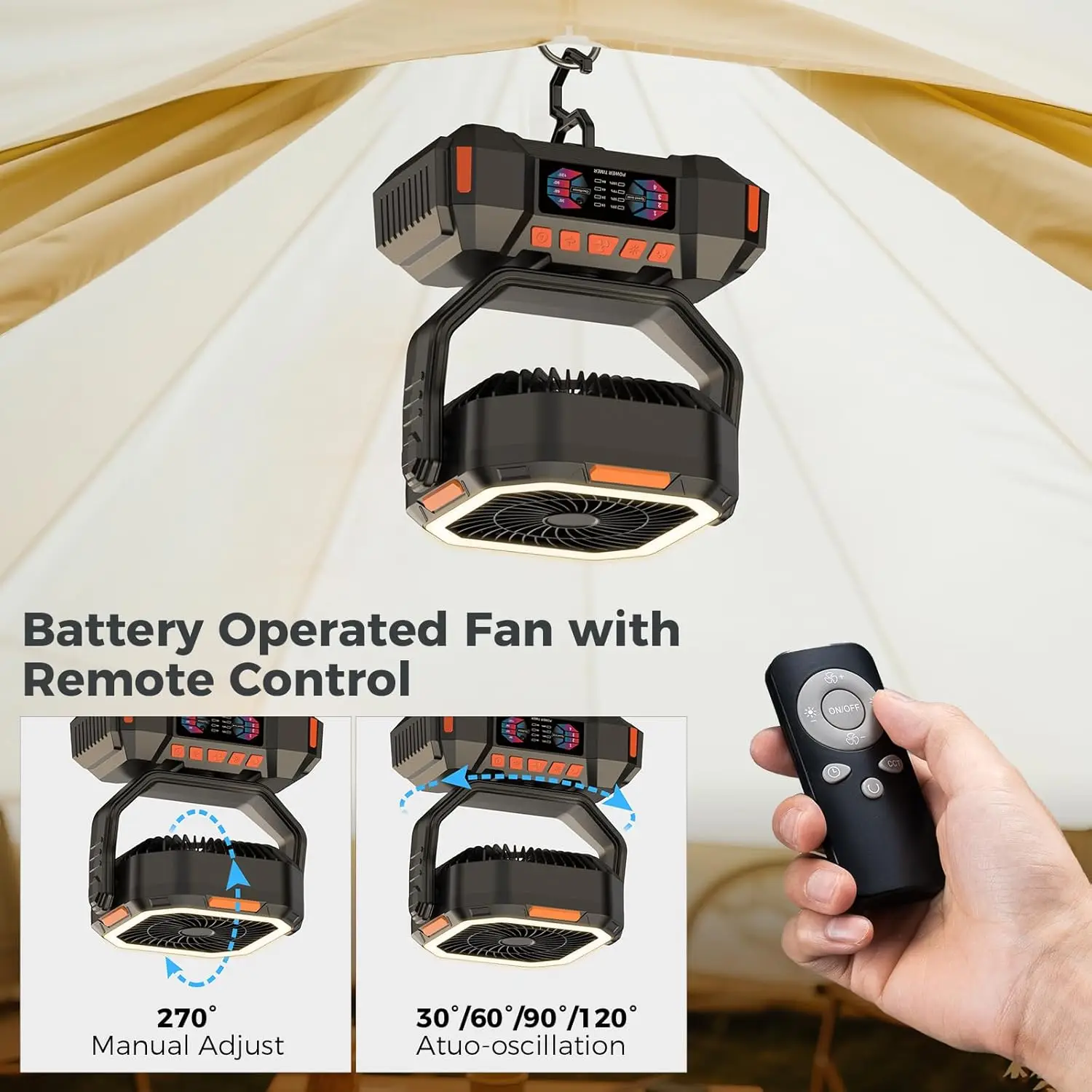 Camping Fan 40000mAh Battery Powered Fan Rechargeable  4 Speeds with LED Lantern -  Hanging Portable Outdoor cold fan Tent Fans image 2