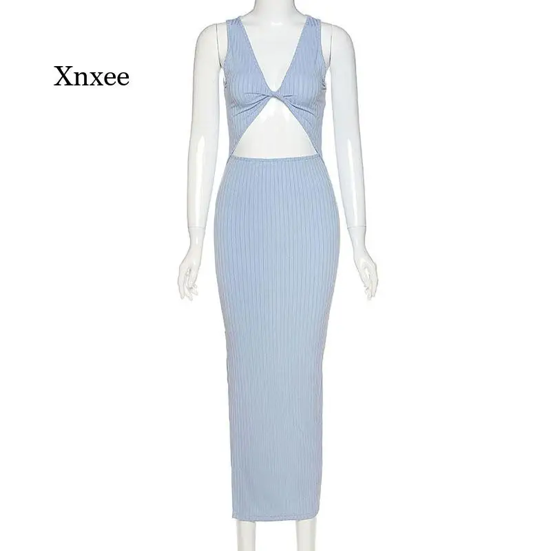 Xanh Dương Áo Ngủ Sexy Khoét Hở Khe Đầm Maxi Nữ Thời Trang Dạo Phố Bộ Trang Phục Sundress Bãi Biển Kỳ Nghỉ Hè 2022