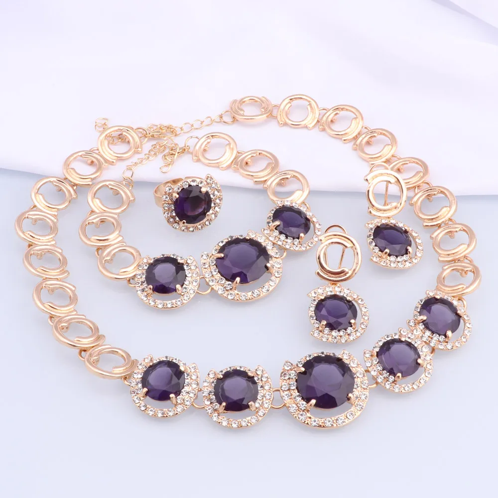 Fashion Dubai Women Gold Color Jewelry Sets Purple Necklace Earrings Bracelet Ring Sets Party Gifts