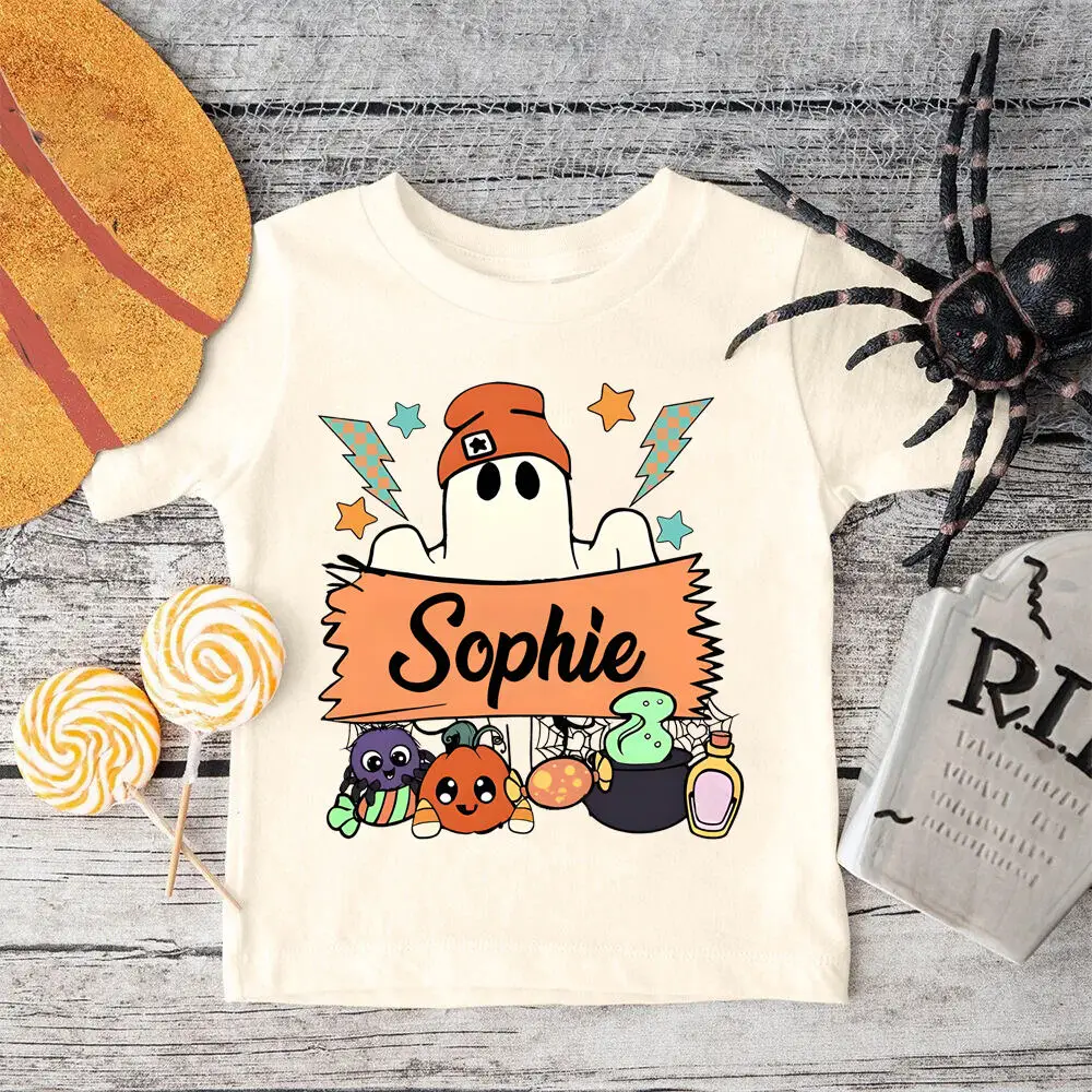 

Personalized Ghost with Name Kids T-shirt Halloween Party Boys Girls Outfit Fall Holiday Child Short Sleeve Retro Shirts Clothes