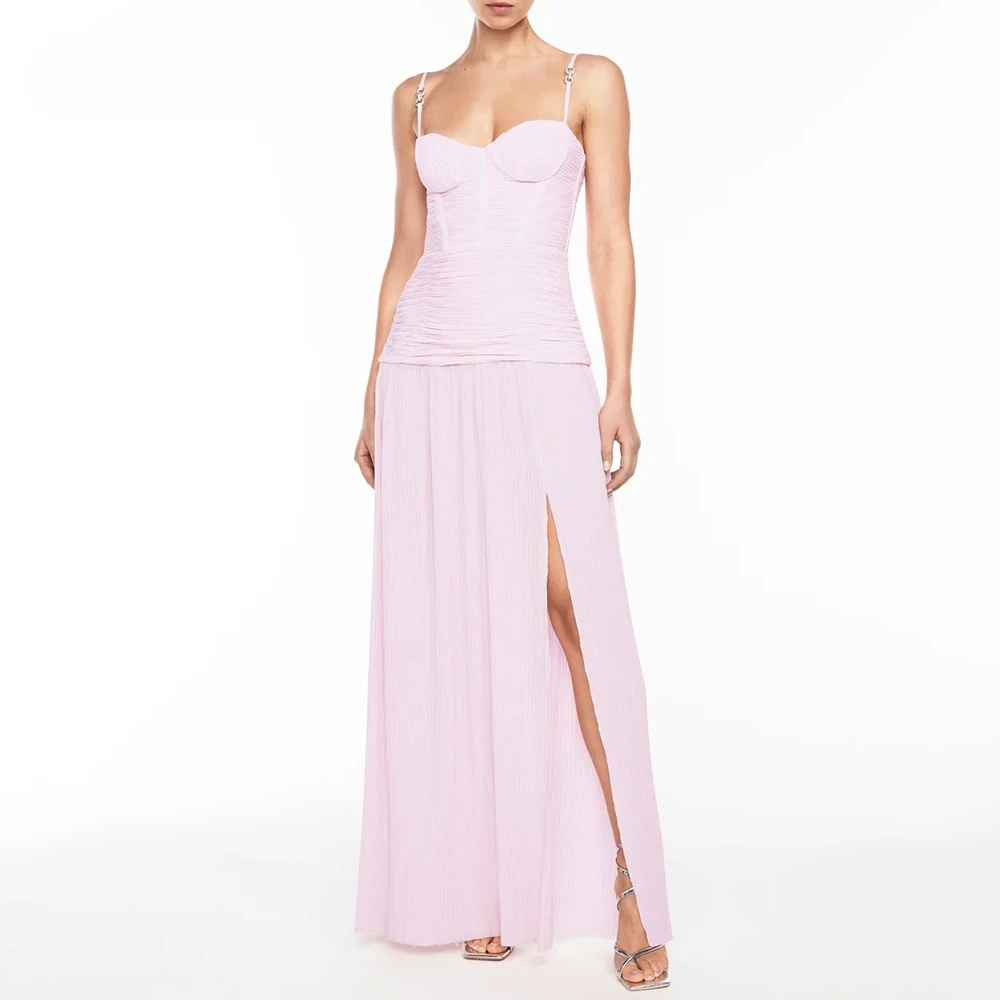 

Spliced Metal Buckle Camisle Long Dresses For Women Square Collar Sleeveless High Waist Split Sexy Dress Female Clothes New
