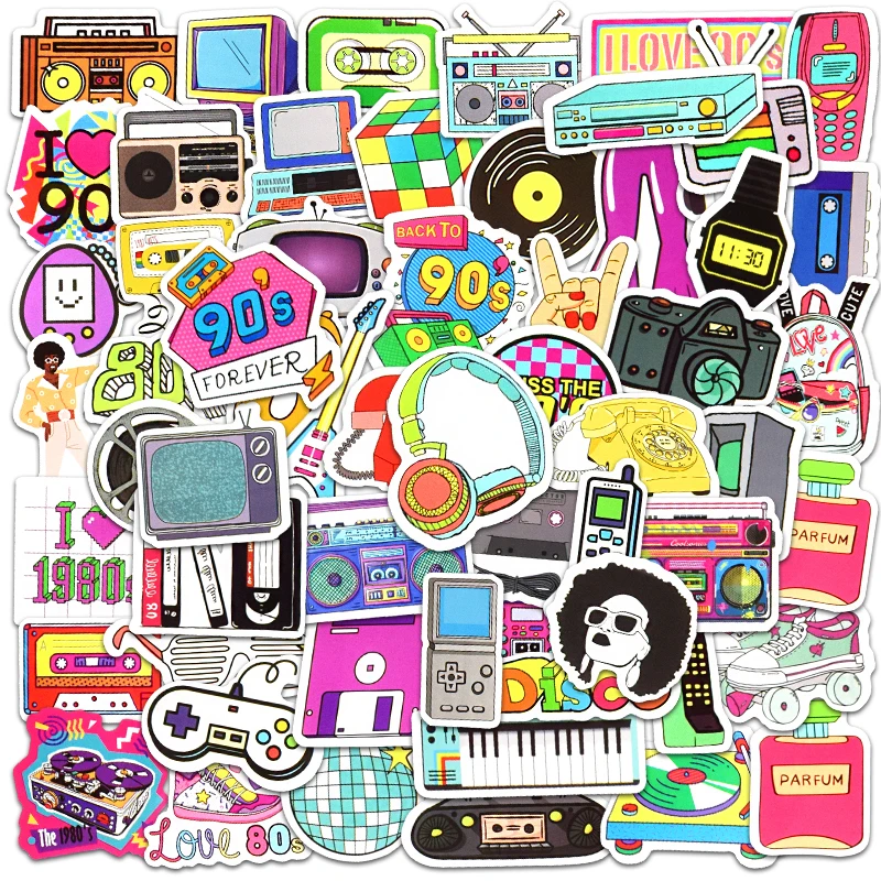 70 PCS 80s 90s Style Stickers adesivi murali per armadio camera da letto Cool 80s rifornimenti per feste Decor Sticker decalcomanie Cute Home Decoration