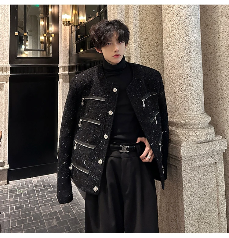 

Осенняя куртка, мужская элегантная куртка, корейское роскошное короткое пальто, модные трендовые мужские повседневные куртки с несколькими молниями и блестками, белые