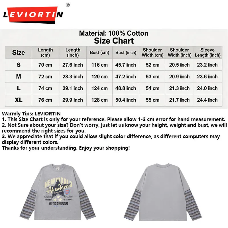 Retro Patchwork Color Blocking Tshirts Streetwear Casual Loose Print Fake Two-piece Round Neck Long Sleeve T-shirt For Men Women