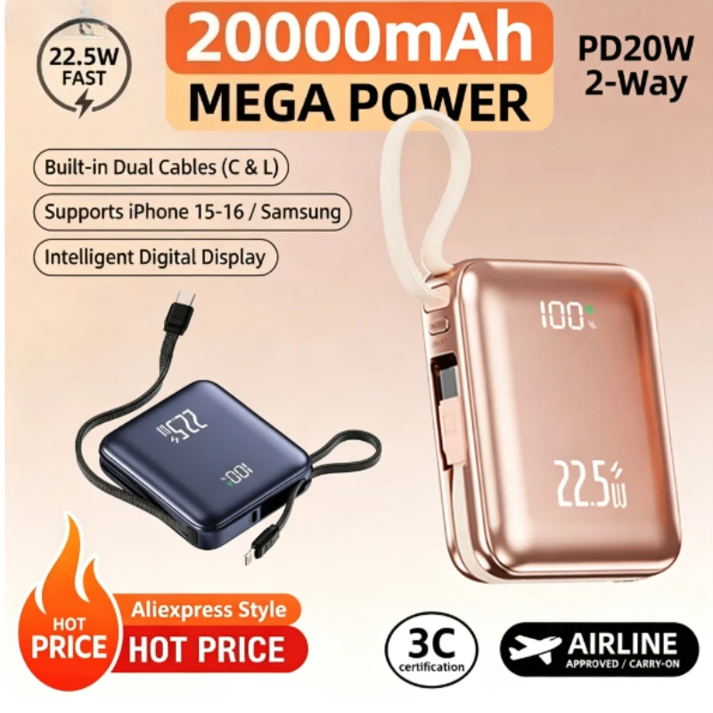 NEW 20000mAh CCC Mini Cute Power Bank with Built-in Cable and 22.5W Fast Charging Battery Pack for IPhone Xiaomi Samsung