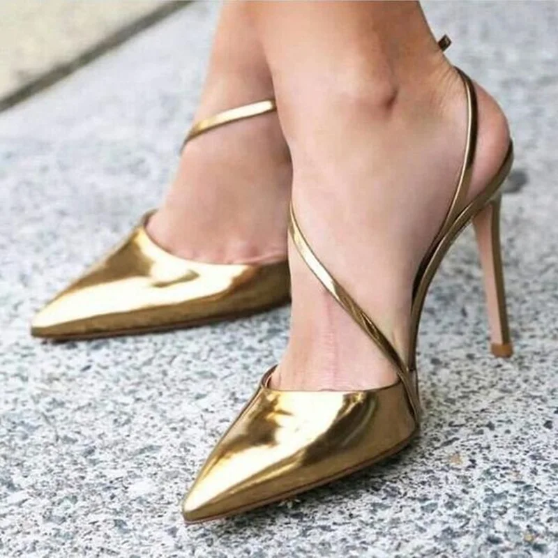 

Plus Size 46 Women Stiletto Heels Pumps Cross Strap Pointed toe Bronze Patent Leather Lady Party Evening Shoes 12cM 10CM 8CM