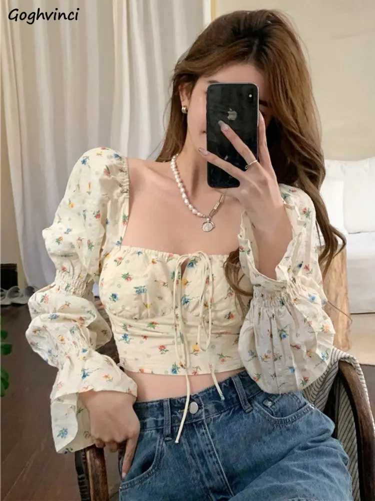 Flare Long Sleeve Blouses Women Crop Tops Floral Hot Sweet Girls Ins Spring Fashion Young College Korean Sexy Temperament Tender