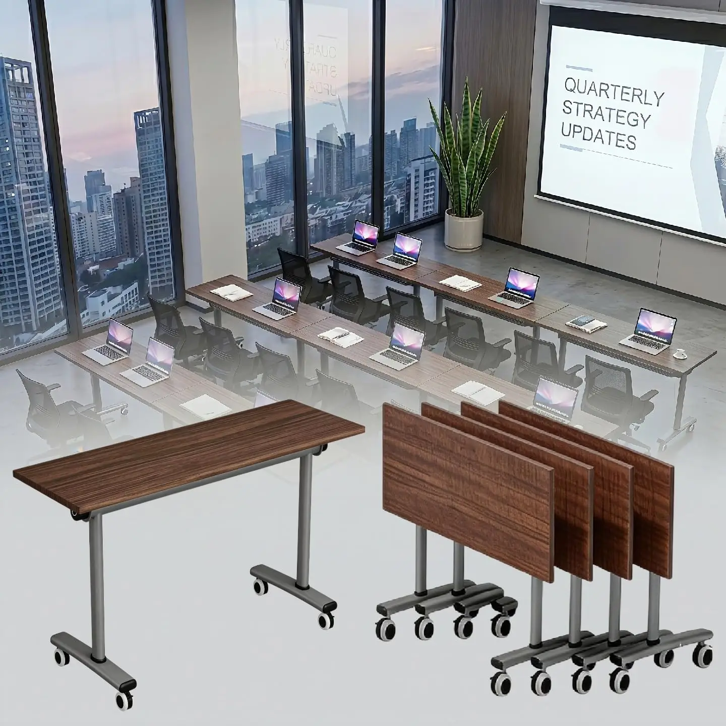 

[4 Pack] Folding Conference Table with Wheels, Heavy-Duty Training Table with Lockable Casters, Modular Mobile Flip Top, Custom
