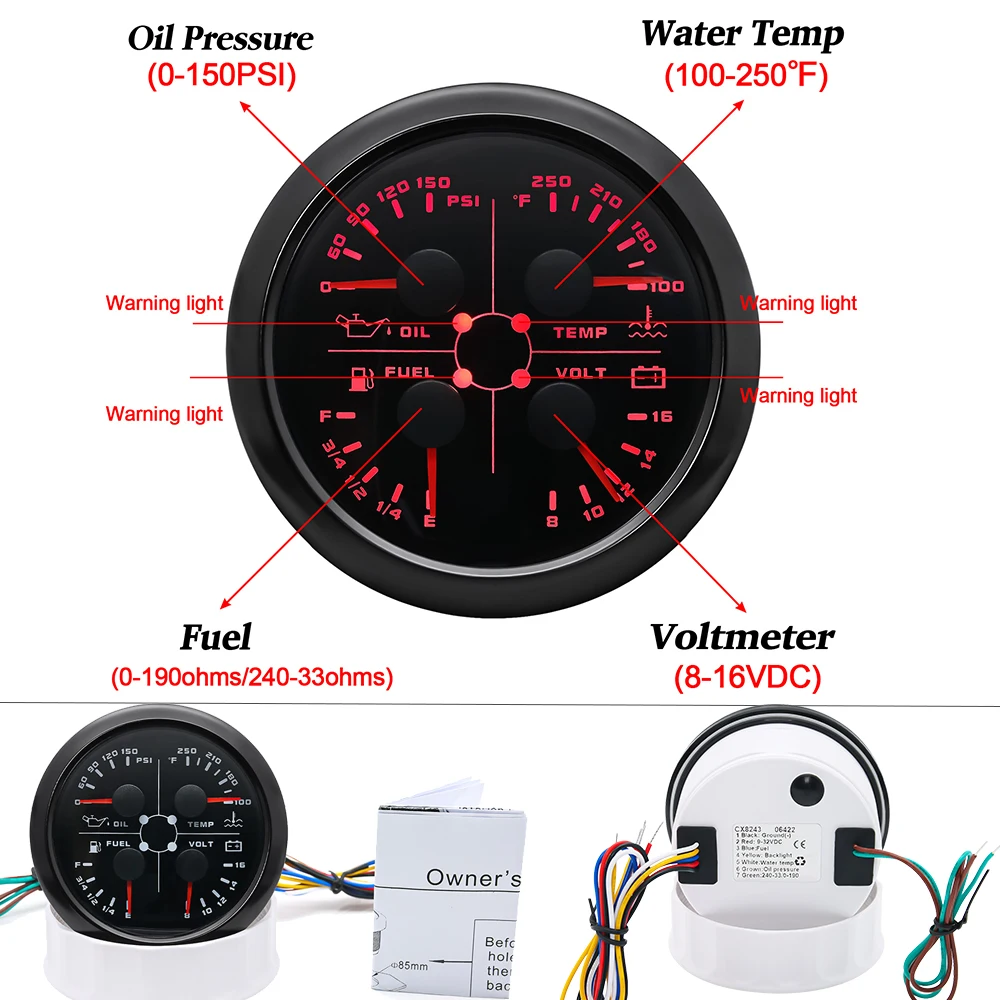 85mm Oil Pressure/water Temperature/fuel/voltmeter 4 In 1 Multifunction Gauge 0-10bar Oil Pressure or Water Temperature Sensor