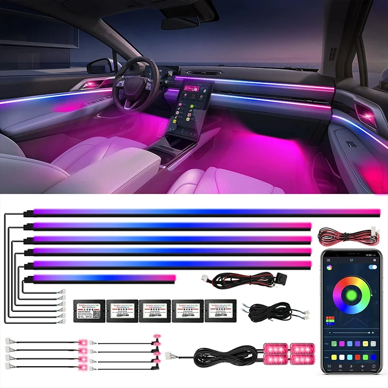 18IN1 Neon Car Interior Ambient Lights APP DIY Control Acrylic Strip Light Guide Fiber Optic RGB Auto Decoration Atmosphere Lamp