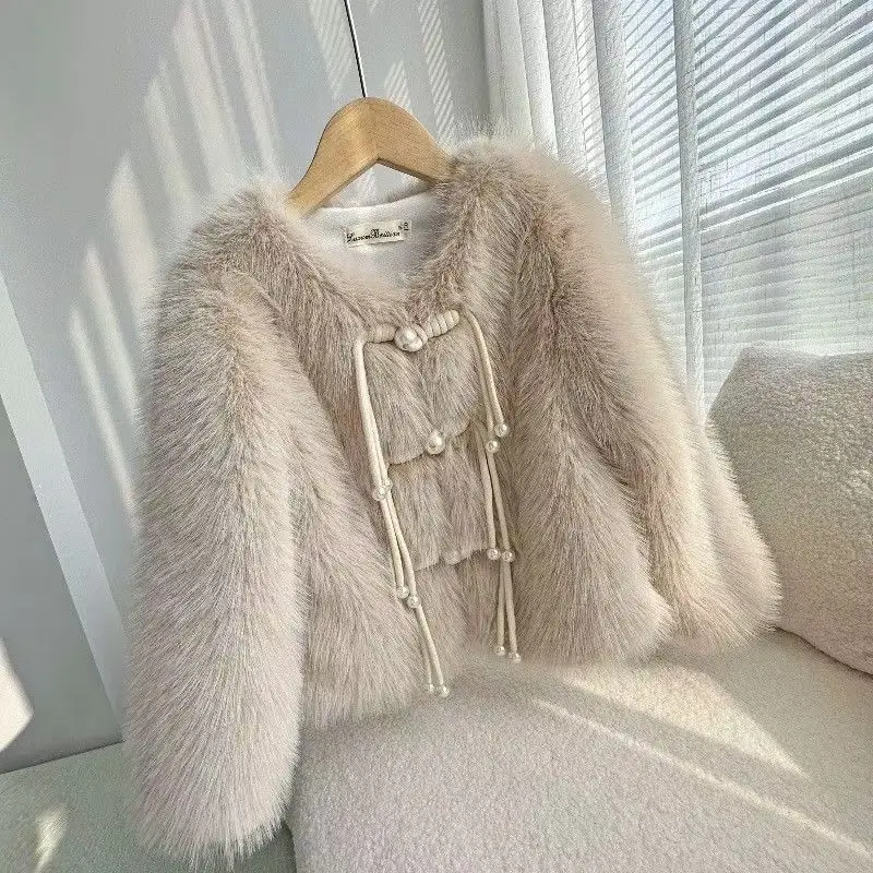 معطف فرو للفتيات الصغيرات للخريف والشتاء سترة جديدة أنيقة من فرو اللؤلؤ السميك للأطفال مقاس 90-150 سم
