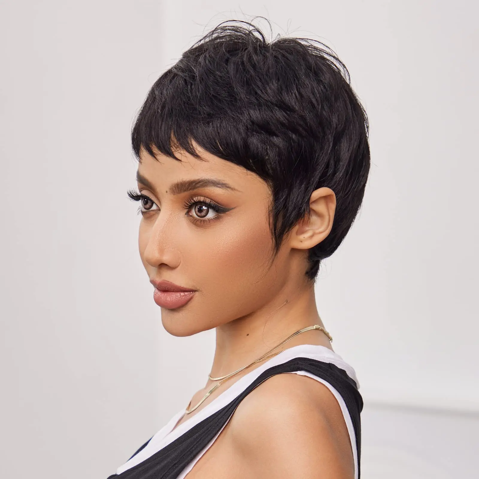 Short Pixie Cut Bob Human Hair Wigs Straight Black Brown Remy Hair for Women Natural Layered Wig with Bangs Cheap Glueless Wig