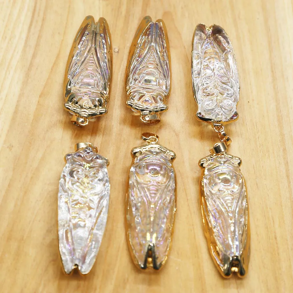 Synthetic Crystal Multicolor Cicada Cinging Gold Edge Necklace Pendants Color Changing Insect Jewelry Accessories Wholesale 8Pcs