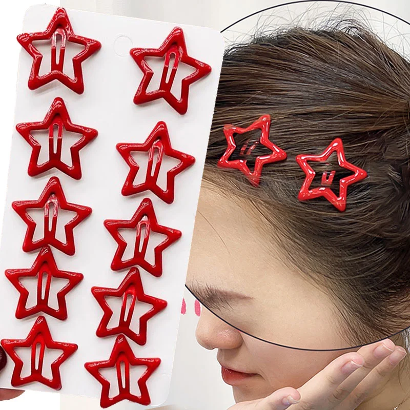 New Y2K Red Star Hair Clips For Woman Girl Filigree Metal Snap Clip Barrettes Hairpin Red Dot Hairgrips Hair Accessories