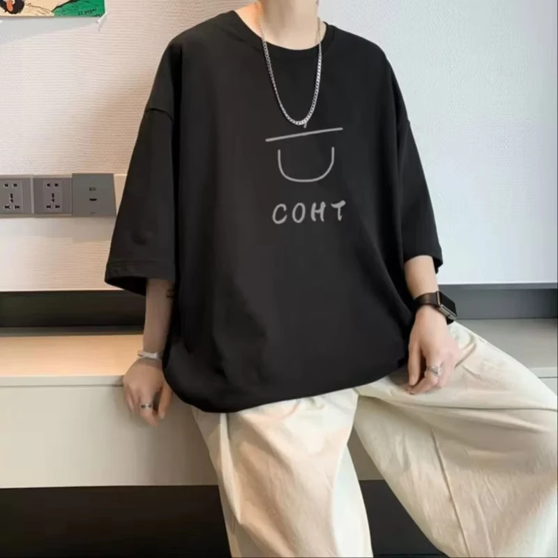 Unisex Minimal Line Smiley Face Letter Print T‑Shirt Short Sleeve Crew Neck Casual Loose Basic Streetwear Tops for Men Women