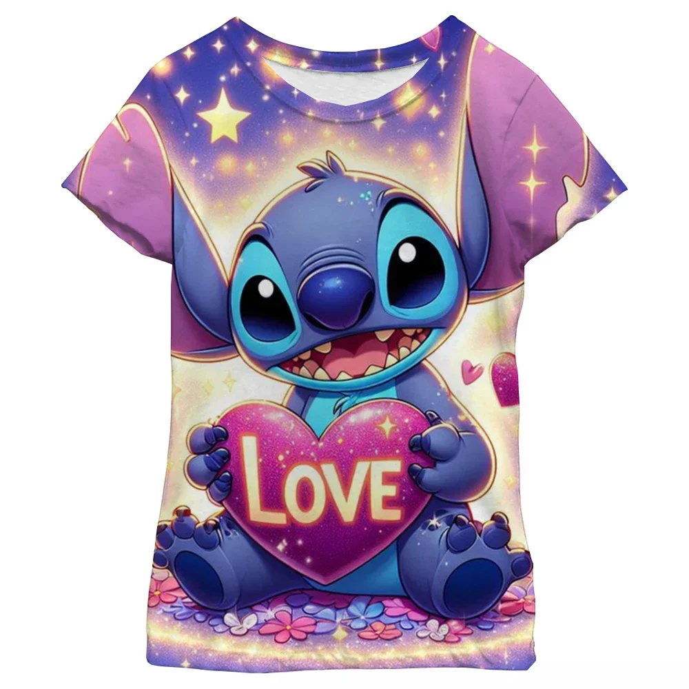 

Лидер продаж, летняя детская футболка Disney Stitch для девочек, детские мягкие футболки с короткими рукавами и рисунком сердца, трендовая одежда, футболка для девочек