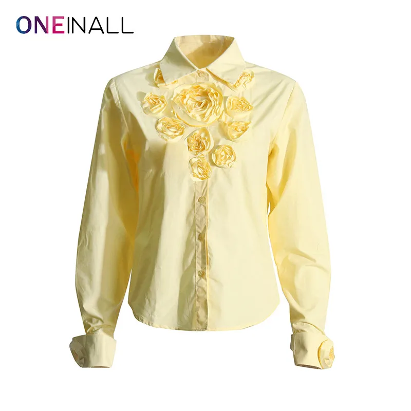 

ONEINALL Patchwork Appliques Fashion Shirts For Women Lapel Long Sleeve Spliced Single Breasted Loose Blouses Female Clothes New