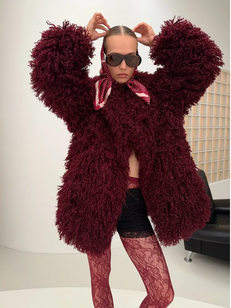 DFDG Abrigo de piel esponjosa burdeos de invierno para mujer, abrigo de manga larga de gran tamaño, ropa de abrigo cálida informal, abrigo de moda femenina de 2025