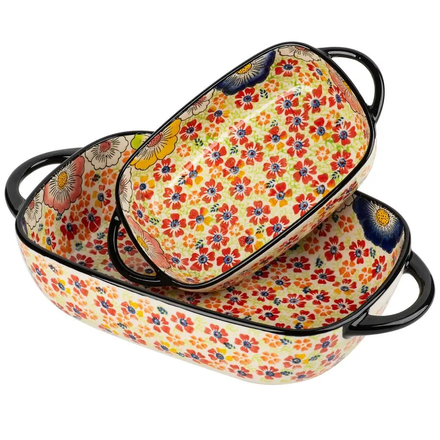 

pastoral style Ceramic Baking Dish Rectangular Bakeware Set Baking Pan, 2piece Handpainted Porcelain Baking pan with handle, Cas