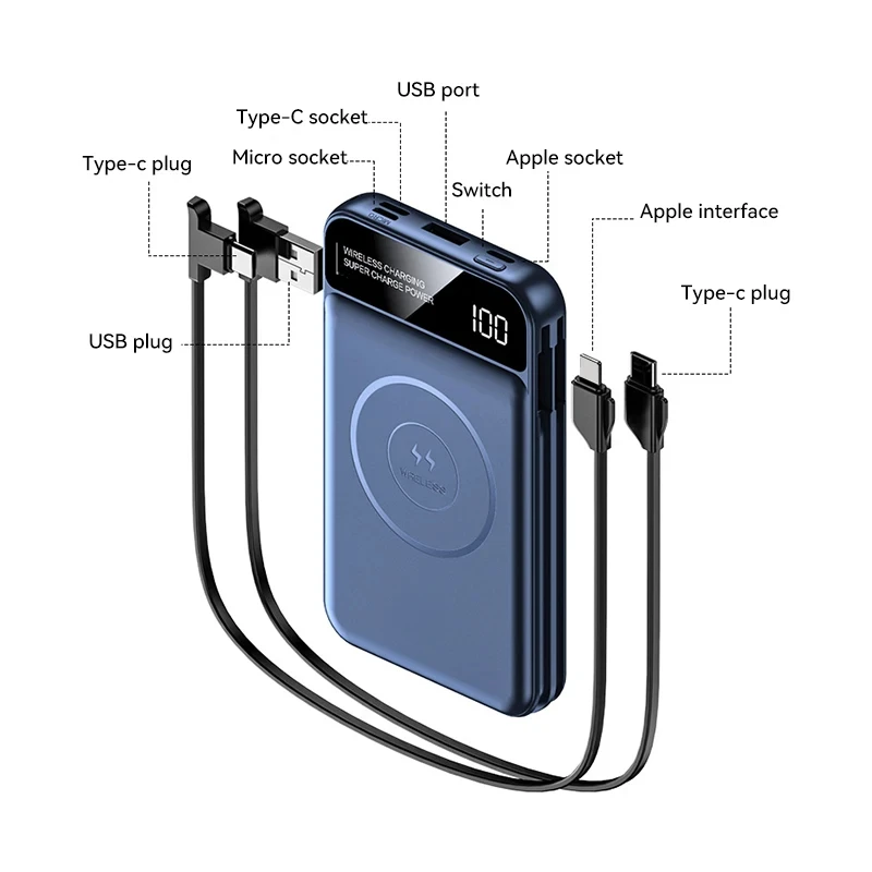 For iPhone Huawei Samsung Lenovo 20000mAh Magnetic Wireless Power Bank Built in 2 Cables Fast Charging Portable Battery Charger